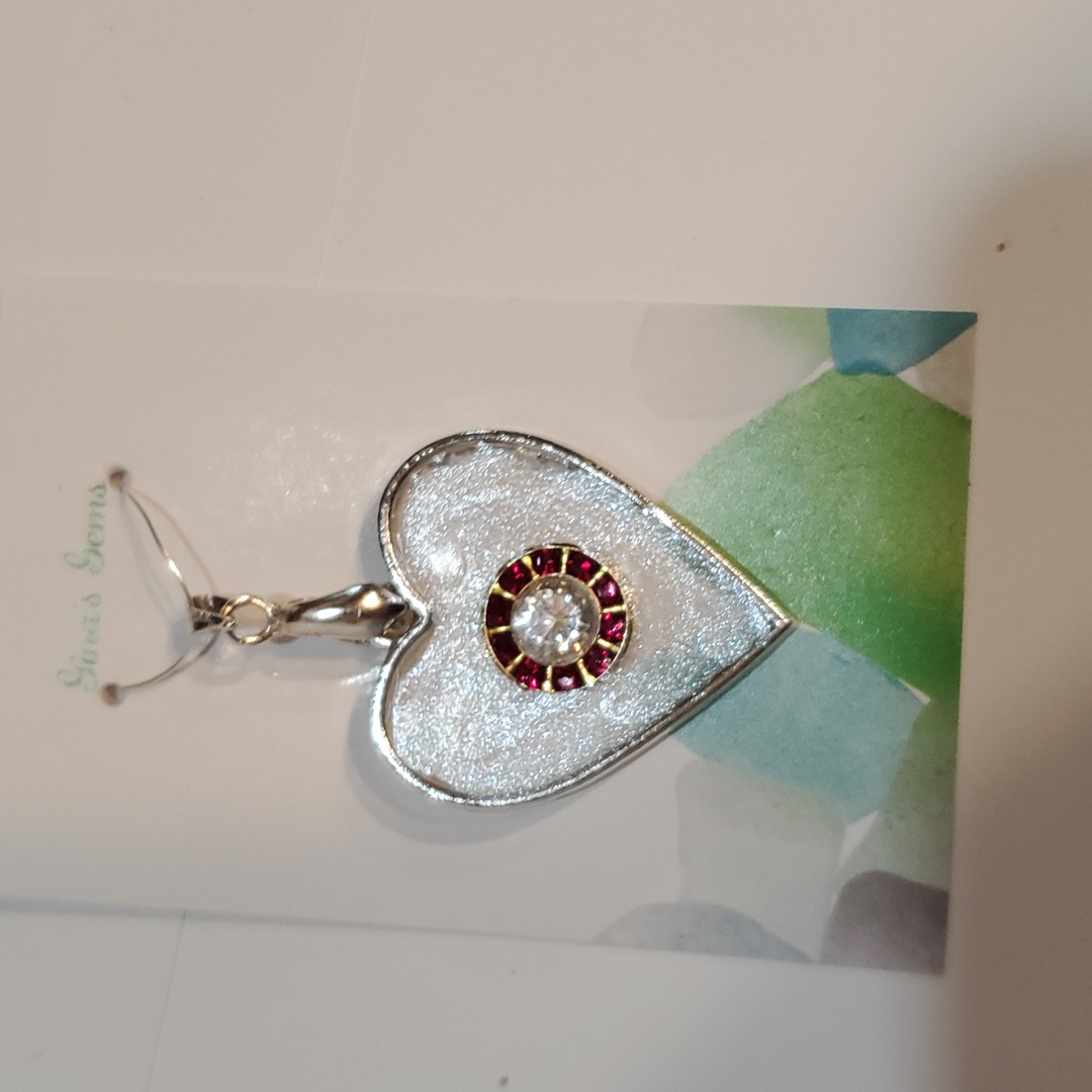 Jewelry Necklace Pendant Resin Heart With Ruby And Cz Stones Hand Crafted